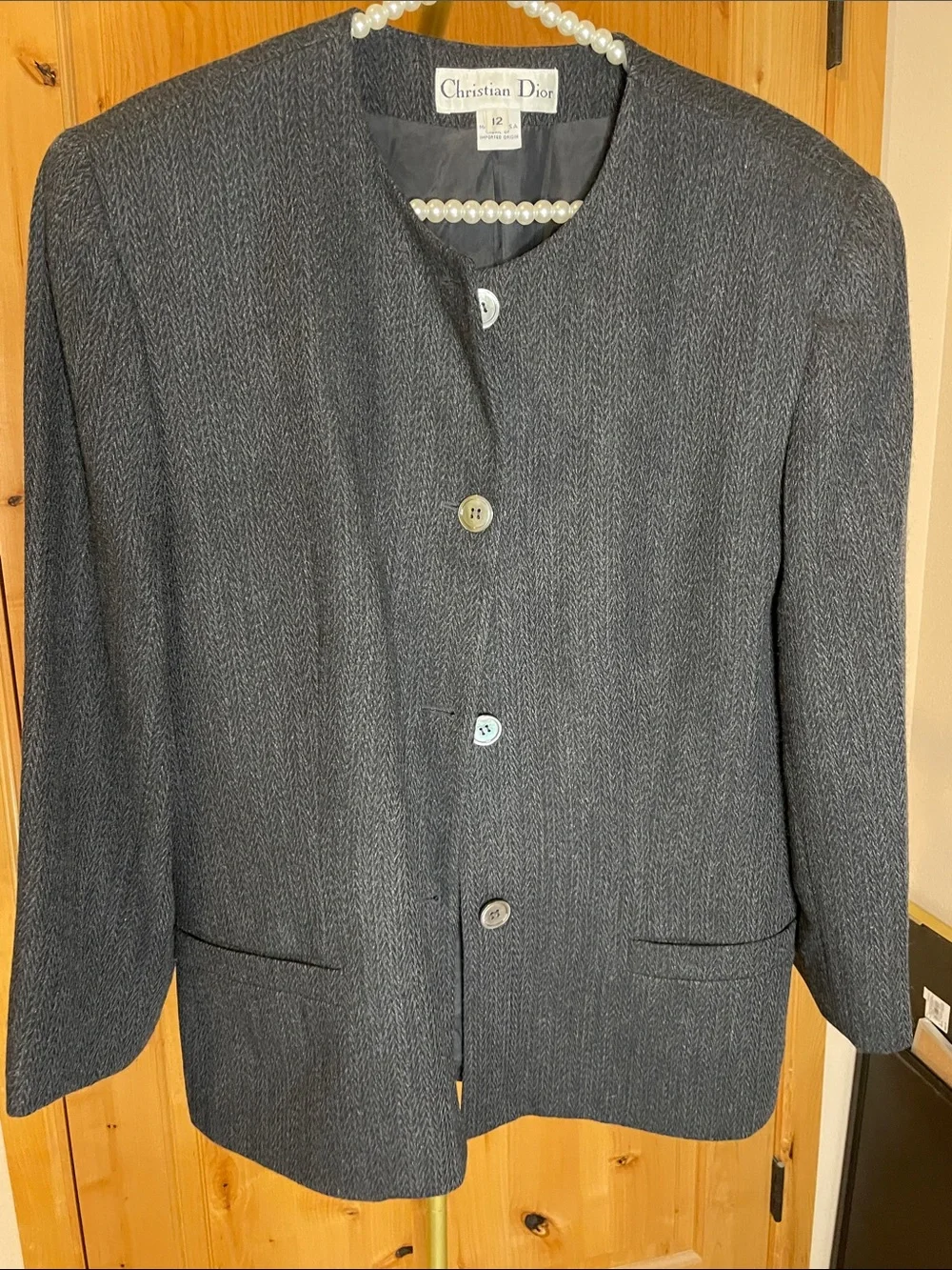 Vintage Christian Dior Women’s Dark Gray Collarless Blazer Size 12 (us size 8)